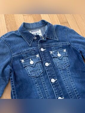 True Religion Denim Jacket Trucker Womens Medium Y2K Jean Jacket Embroidered